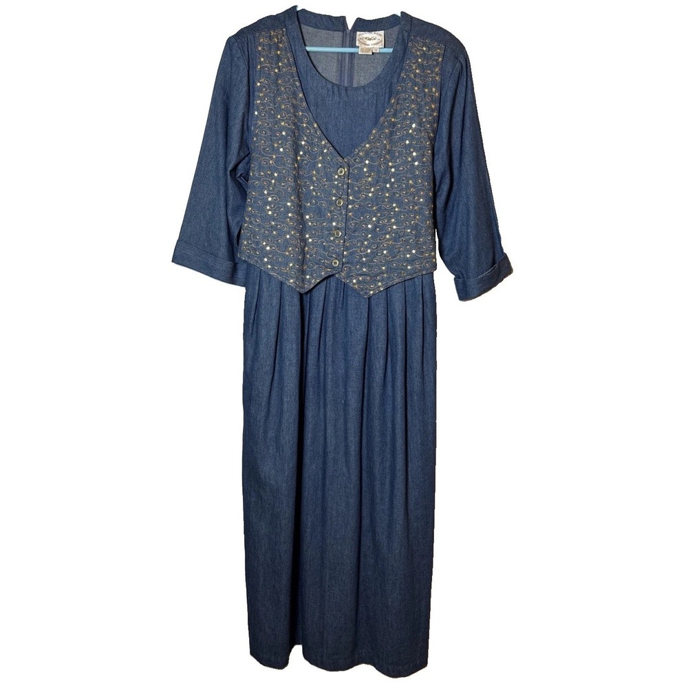 Vintage Country Wear Dress Womens 14 Blue Denim Maxi Gold Embroidered Vest 90s
